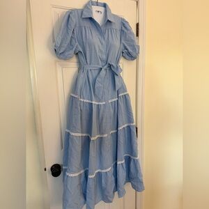 Light Blue Puff Sleeve Midi Dress Button Front Tie Waist Cottagecore Size M